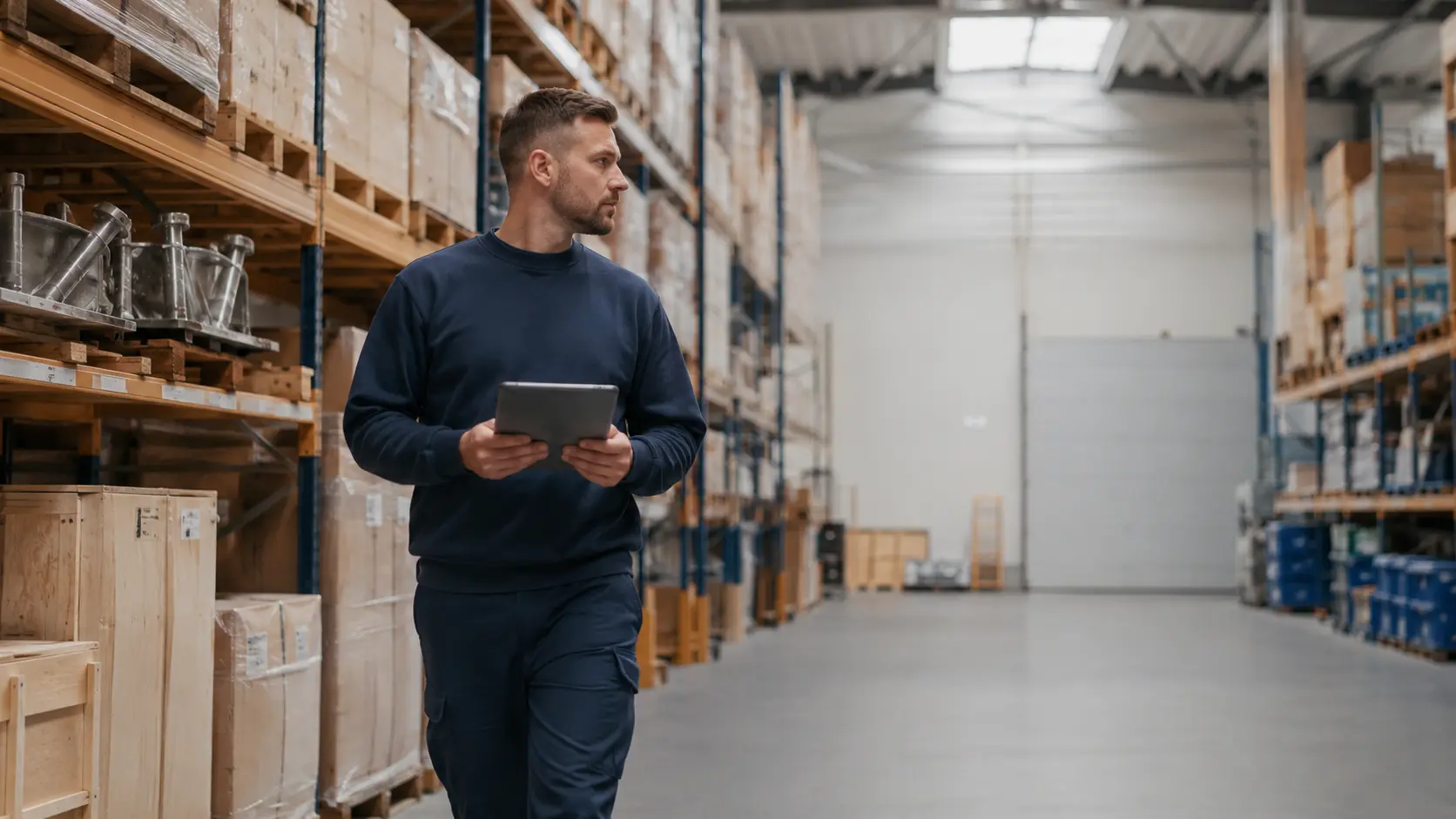 Logistiek medewerker loopt met een tablet langs stellingen in een distributiecentrum.