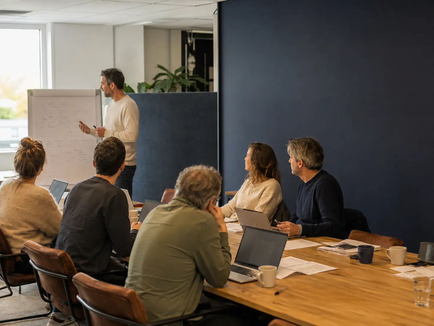 Medewerkers werken met laptops rond een vergadertafel terwijl een collega uitleg geeft bij een flipover.